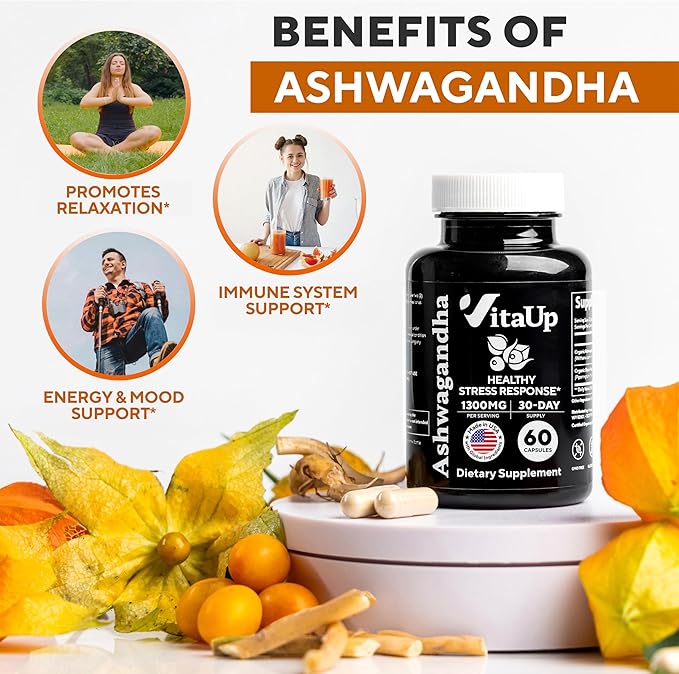 Ashwagandha Capsules 1310mg - USA Made Ashwagandha Supplements with Black Pepper - Ashwagandha Root Extract for Relaxation Support, Normal Cognitive Function & Balanced Energy Levels – 60 Caps