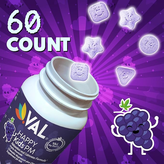 VAL Sugar-Free Calm Magnesium for Kids PM Chewable Tablets | Magnesium Glycinate, Citrate & Taurate | Chamomile & Vitamins B6 & C | Bedtime Support | Non-GMO | Grape Flavor | 60 Count