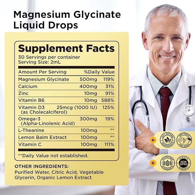 Magnesium Glycinate Supplement, Magnesium Glycinate Liquid Drops 500mg with Calcium, Zinc, Vitamin B6, D3, L-Theanine, Omega 3 for Sleep, Mood, Stress Relief, Bone, Muscle, Lemon Flavor