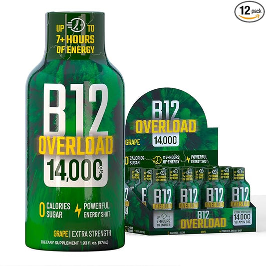 B12 Overload Extra Strength Energy Shot – Grape – 260mg Caffeine, 14000% B12, Electrolytes – Energy & Vitality Support – Zero Sugar No Calories – Vegan, Kosher, Gluten-Free – 1.93 fl oz, 12-Pack