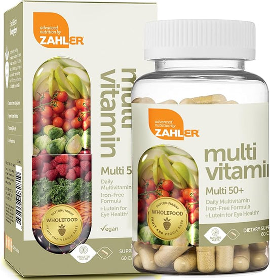 Zahler Multivitamin 50+, Iron-Free Formula + Lutein for Eye Health, 60 Capsules.