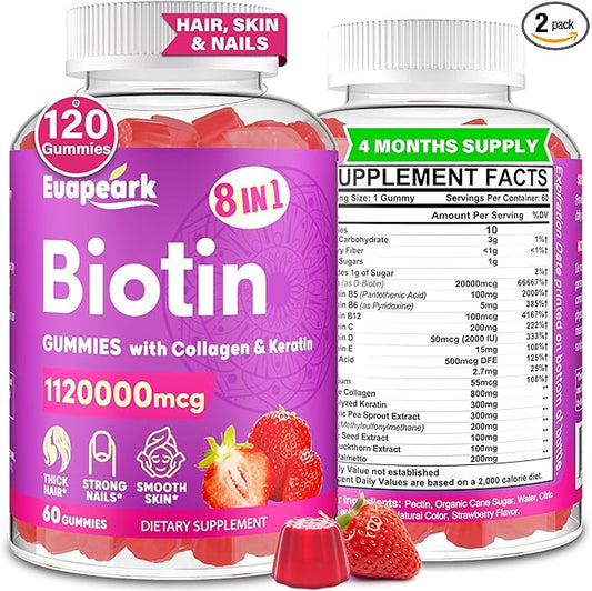 Biotin Gummies for Women and Men, 8 in 1 Organic Formula, Max Strength Biotin and Collagen Gummies with Keratin, Folic Acid & Vitamins, for Hair Growth, Skin and Nails Supplement, Sugar Free,120 Count