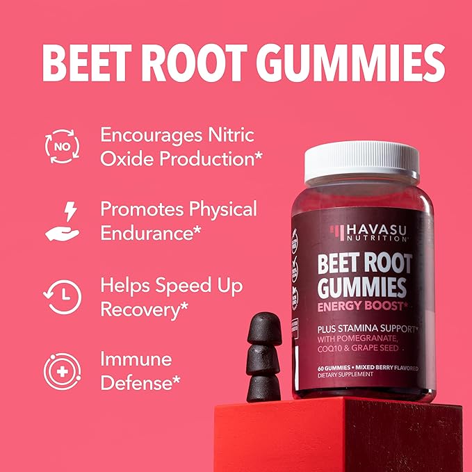 Beet Root Gummies with COQ10 & Pomegranate - Nitric Oxide Supplement for Men and Women - Endurance, Performance, Recovery - Vegan, Non-GMO, Gluten Free - Mixed Berry Flavor, 30 Count, 15-Day Supply