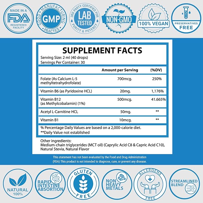 Focus Kids Enhances Clarity Drops | Acetyl L-Carnitine, Vitamin B1,B6,B12 & Folate | Sugar-Free, Vegan, Gluten-Free, Non-GMO | Cognitive & Attention Support | Advance Absorption | 2 Fl Oz