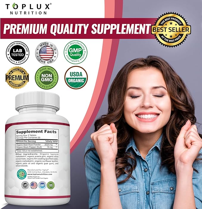 Organic Beet Root Powder Tablets - 2040mg Natural Nitric Oxide Beets to Support, Energy, Black Pepper Better Absorption, Non-GMO, for Men Women, 90 Tablets