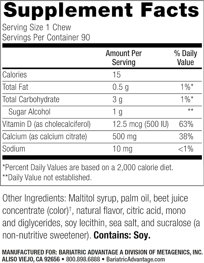 Bariatric Advantage Calcium Citrate Chewy Bites 500 mg - for Bariatric Surgery Patients - Vitamin D3 - Sugar-Free Chewable Calcium Supplement - Bariatric Calcium Chews - Raspberry Flavor - 90 Count