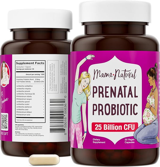 Mama Natural Prenatal Probiotics for Women – Gut & Immune Support for Pregnancy, Breastfeeding & Postpartum* | 25 Billion CFU, 12 Strain Probiotic & Prebiotic Blend to Support Mom and Baby
