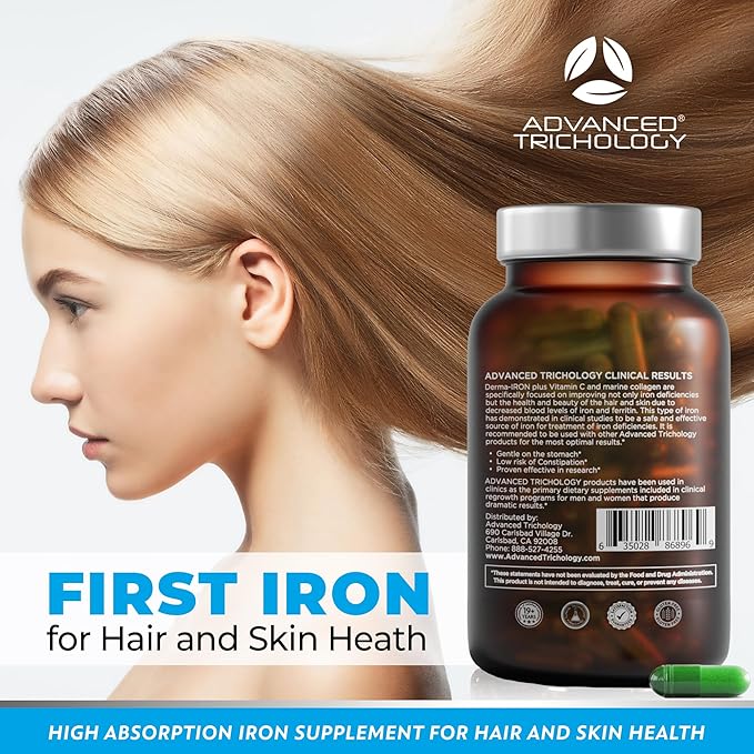 Advanced Trichology Derma-Iron Supplement for Women and Men - Iron Blood Builder Pills for Hair and Skin with Collagen and Natural Vitamin C, Low ferritin, thinning, Hair Loss Support
