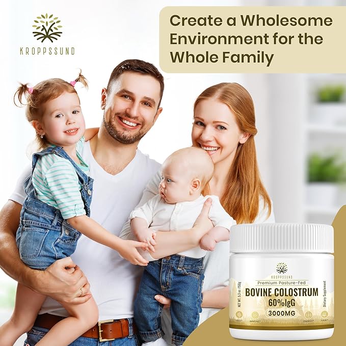 Kroppssund Bovine Colostrum Powder Supplement 3000 mg - Extra High 60% IgG Bovine Colostrum - Gut, Bone, Exercise, Immune - 50 Servings (1 Bottle)