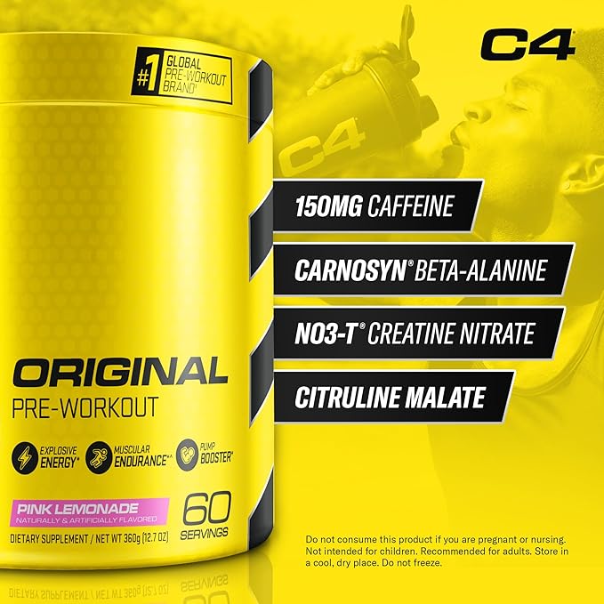Cellucor C4 Original Pre Workout Powder Pink Lemonade Vitamin C for Immune Support Sugar Free Preworkout Energy for Men & Women 150mg Caffeine + Beta Alanine + Creatine 60 Servings