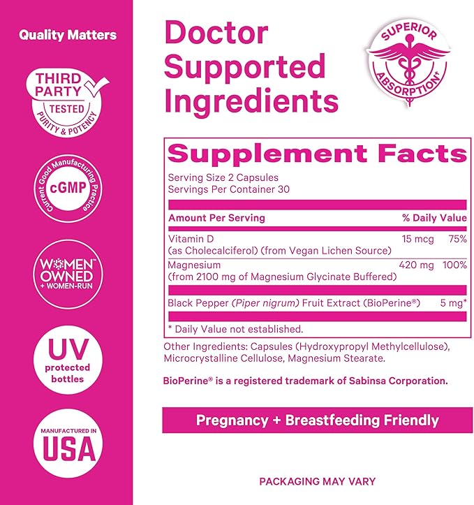 Pink Stork Magnesium Glycinate with Vitamin D - Magnesium Supplement for Women to Support Natural Calm, Mood, and Sleep - Hormone Balance for Women - 60 Capsules, Berry Essence, 1 Month Supply