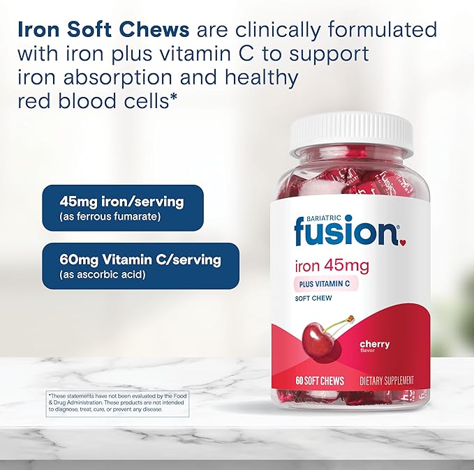 Bariatric Fusion Iron Supplement for Women Anemia | Chewable Iron with Vitamin C | Cherry Flavored Soft Chew | Gentle on Stomach Ferrous Fumarate for Women and Men | Gluten Free | 60 Count