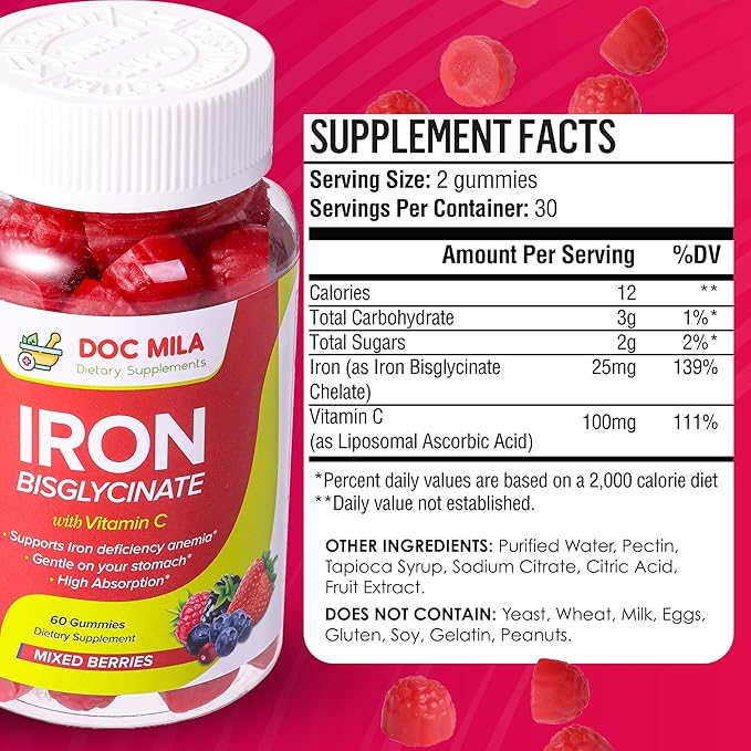 Iron Supplement for Kids and Adults - Iron Bisglycinate Gummies 25mg with Liposomal VIT C - Chelated Iron Supplement for Women and Men - 60 Gummies, 1 Month Supply