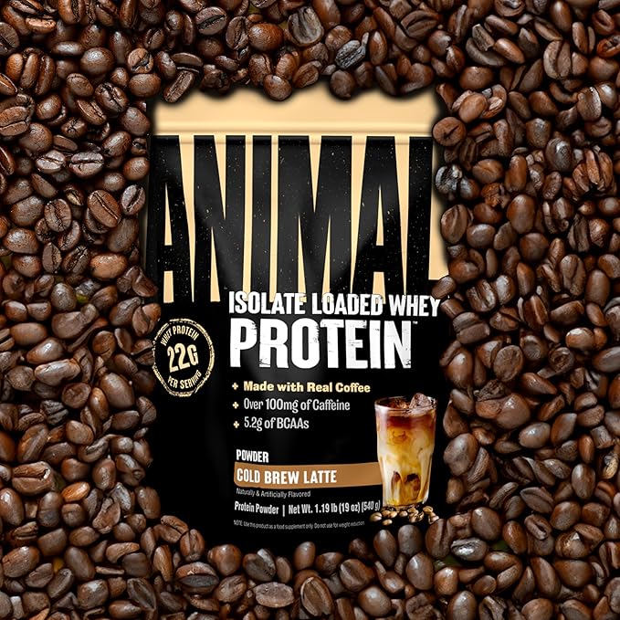 Animal Whey Protein Coffee Powder, Loaded with 22g of Protein, 100mg of Caffeine, and BCAAs for Pre & Post Workout Muscle Builder Recovery with Digestive Enzymes for Men & Women, Cold Brew Latte, 1 lb
