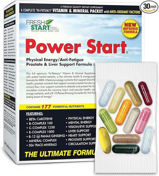 Power Start Complete Daily Vitamin Pack | Men's Health Support, 10X Energy & Stamina Booster | Vitamin A, B, C, D, E, B12, Minerals, Tribulus, Maca, Epimedium, Tongkat Ali (30 Packets)