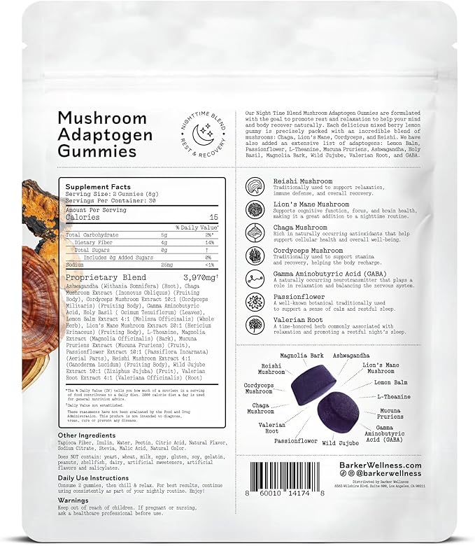 Nighttime Mushroom Adaptogen Gummies – Sugar-Free Vegan Mushroom Gummies For Adults with Reishi, Lion’s Mane, Chaga, Cordyceps, and Adaptogenic Botanicals for Sleep Support – Non-GMO, 60 Count
