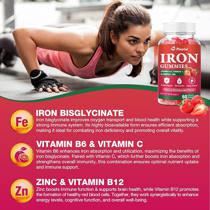 Vegan Iron Gummies - High Potency Iron Supplement for Women & Men - Supports Energy & Immune Health - Strawberry Flavor (60 Count)