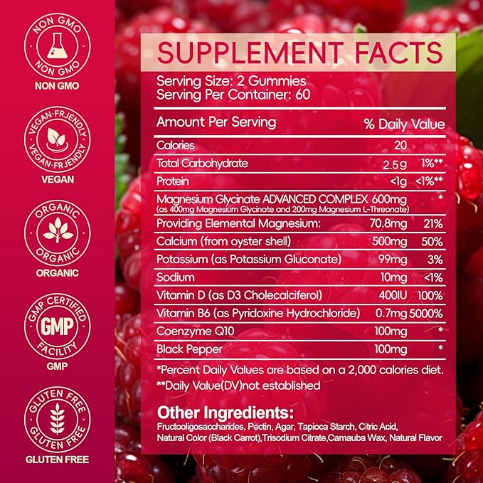 Magnesium Glycinate Gummies 600mg, Sugar Free Magnesium Gummies for Adults with L-Threonate, Chewable Potassium Supplements for Sleep, Body Support and Relaxation, 2 Pack