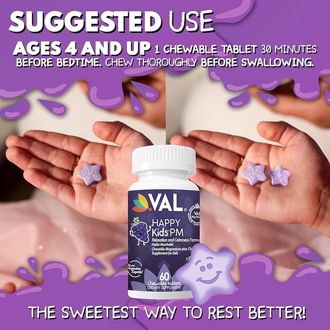 VAL Sugar-Free Calm Magnesium for Kids PM Chewable Tablets | Magnesium Glycinate, Citrate & Taurate | Chamomile & Vitamins B6 & C | Bedtime Support | Non-GMO | Grape Flavor | 60 Count