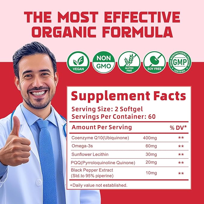 CoQ10-400mg-Softgels with PQQ, BioPerine & Omega-3, Coenzyme Q10(Ubiquinone) Supplement for High-Absorption, Powerful-Antioxidant, Support Heart & Energy-Production, 120 Servings