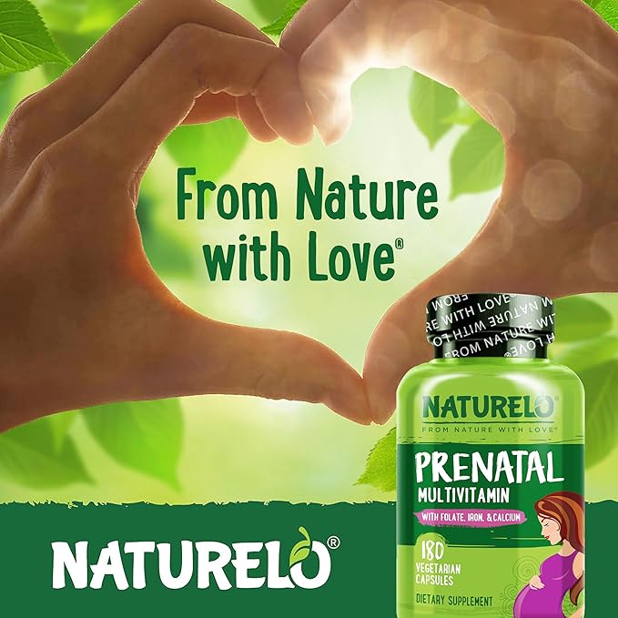 NATURELO Prenatal Multivitamin with Gentle Chelated Iron, Methyl Folate, Plant Calcium & Choline - Vegan, Vegetarian - Non-GMO - Gluten Free - 360 Capsules - 4 Month Supply