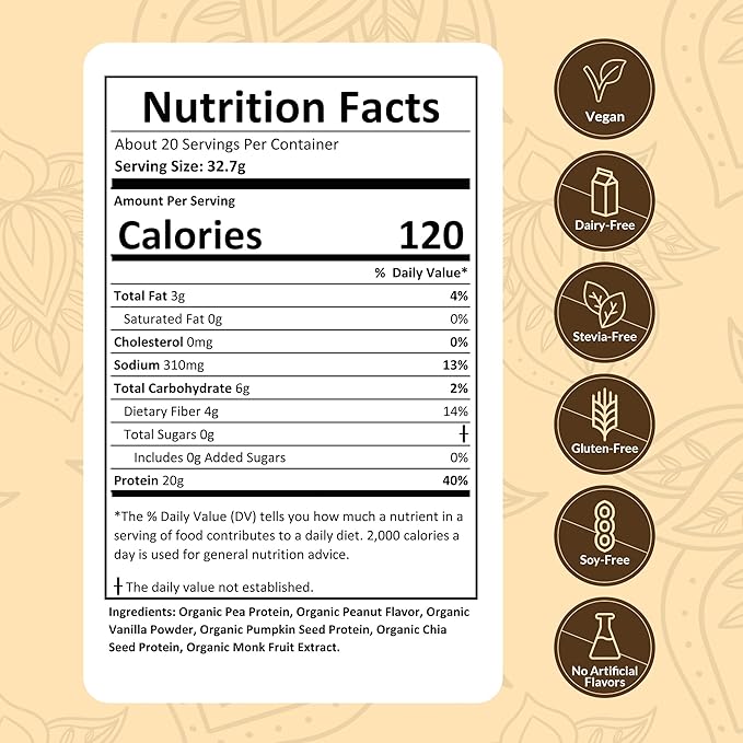 Organic Vegan Protein Powder – Peanut Butter Flavor, Plant-Based, Gluten-Free, Non-GMO, Soy-Free, 20g Protein Per Serving, Ideal for Smoothies, Shakes, Baking, Cooking (1 Pack, 20 Servings)