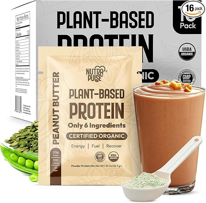 Organic Vegan Protein Powder Sample Pack - Plant-Based Protein, Gluten-Free, Non GMO, 20g Protein Per Serving, Great for Smoothies & Shakes (Peanut Butter, Pack of 16)