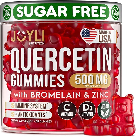 JOYLI Quercetin Gummies - Quercetin with Bromelain Zinc Vitamin C & Vitamin D3 - Quercetin Supplement 500MG for Immune System & Allergy - Quercetin for Kids and Adults - 60 Quercetin Chewable