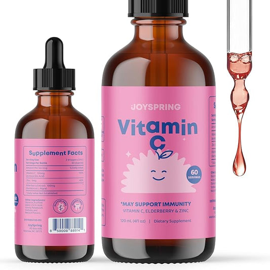 JoySpring Vitamin C and Zinc for Kids, Elderberry Liquid Supplement | Alcohol-Free Toddler Vitamin C | 2+ Years | (4 fl oz) 60 Servings