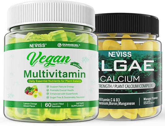 Algae Calcium Gummies 600mg with Vegan Multivitamin for Women Men with Iron, Vitamin B12, A, D3, K2, Algae Omega 3, Magnesium, Zinc