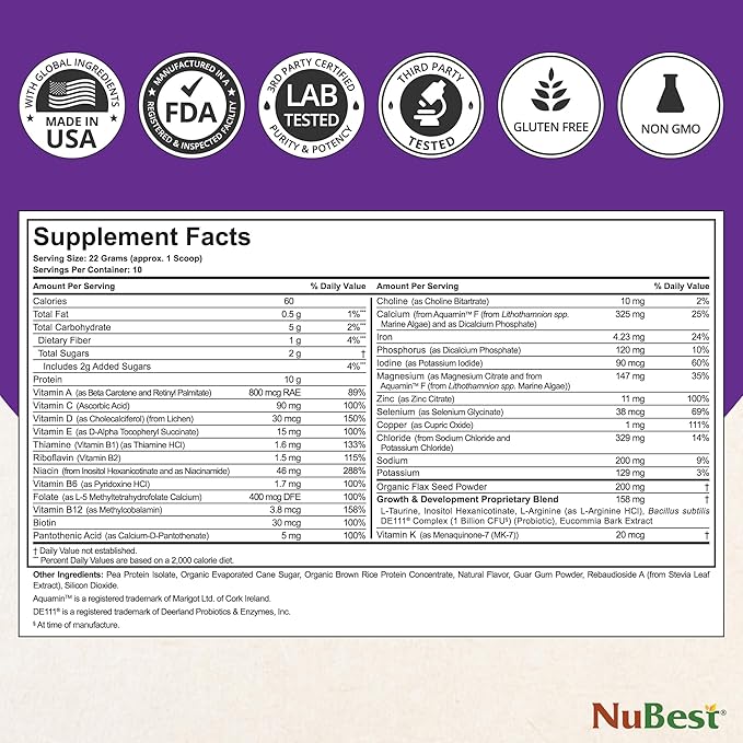 NuBest Bundle Vanilla Plant-Based Protein 10 Serving Tall Kids 60 Chewable Tablets - Multivitamin, Calcium, Probiotic, Omega 3-6-9 and More