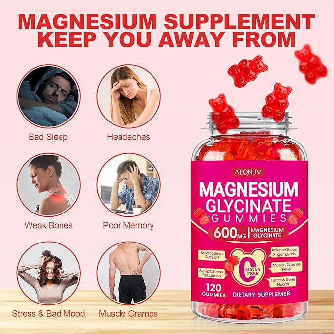 Magnesium Glycinate Gummies 600mg, Chewable Sugar Free Gummies with Magnesium Glycinate, Vitamin D, B6 and CoQ10 for Sleep, Relaxation, Brain and Muscle, 2 Pack
