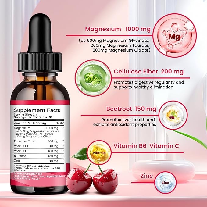 Magnesium Glycinate Liquid Drops, 1000mg Magnesium Glycinate, Citrate & Taurate with Fiber, Beetroot, Vitamin B & C for Sleep, Calm, Muscle, Energy & Relaxation, 2 Fl Oz, Sugar-Free Cherry Flavor