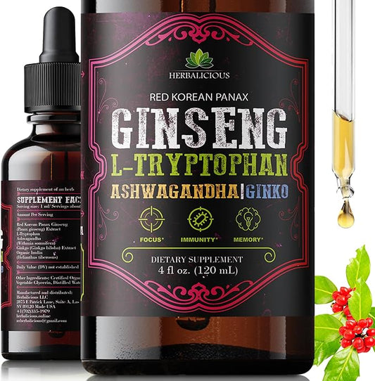 Ginseng L-Tryptophan Liquid - Ashwagandha, Ginkgo, Red Korean Panax - Drops Dietary Supplement Natural Stress Relief, Mood Booster, Sleep Aid & Calming Support - Non-GMO Vegetarian Formula (4 fl oz )