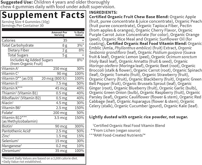Garden of Life Organics Kids Gummy Vitamins, Certified Organic, Non-GMO & Vegan Complete Children's - B12, C & D3 Gluten, Soy & Dairy Free Real Fruit Chew Gummies, Multi, Cherry, 120 Count