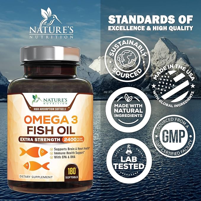 Triple Strength Omega 3 Fish Oil - 2400 mg Natural Omega-3 Supplements Support Brain, Heart & Joint Health with EPA & DHA Essential Fatty Acids - Lemon Flavor, Burpless, Wild Caught - 180 Softgels