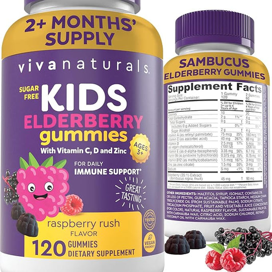 Sambucus Elderberry Gummies for Kids with Vitamin C and Zinc (120 Count) - Sugar-Free 8-in-1 Immune Support Gummy - Chewable Vegan, Gluten-Free Sambucus Elderberry Gummy for Kids, Immunity Gummies