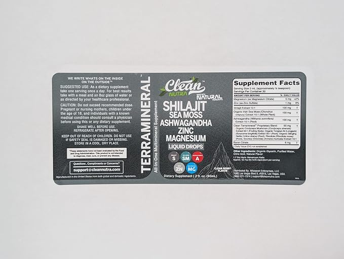 Clean Nutraceuticals Shilajit Liquid Drops with Sea Moss, Ashwagandha, Zinc, Magnesium, Liquid Vitamins for Women and Men - Terra Mineral