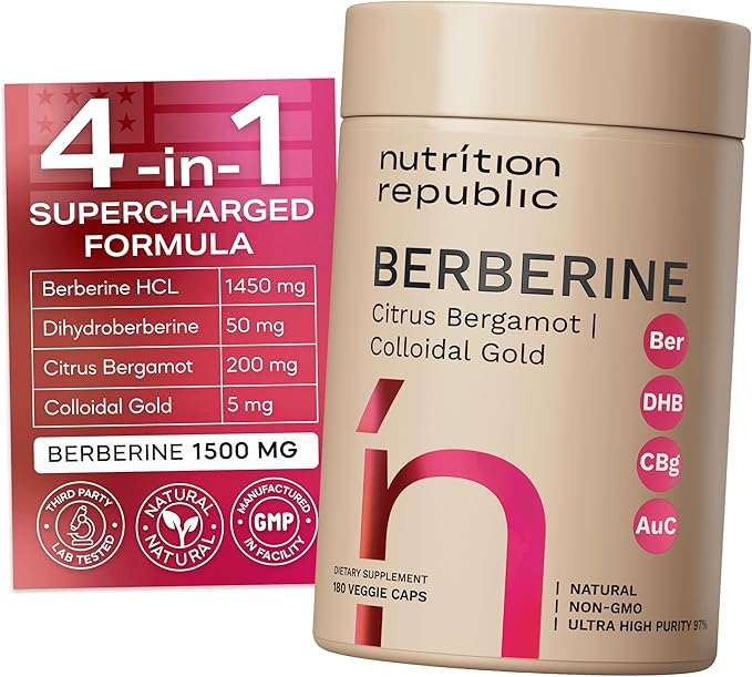Berberine Supplement 1500mg, Ultra High Potency Berberine Complex with Citrus Bergamot, Colloidal Gold & Berberine Hcl, Dihydroberberine Supplement, 180 Veggie Capsules