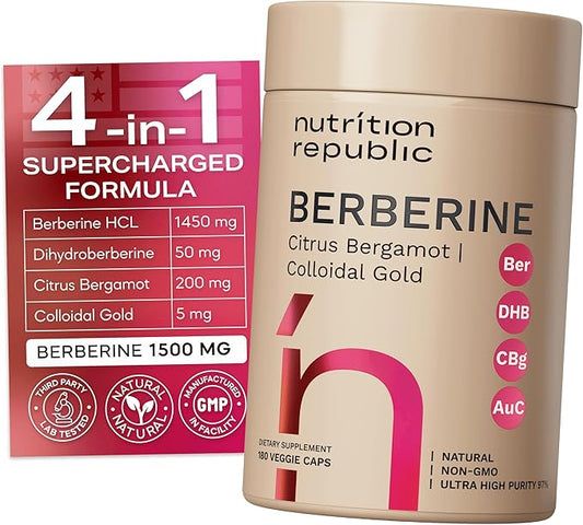 Berberine Supplement 1500mg, Ultra High Potency Berberine Complex with Citrus Bergamot, Colloidal Gold & Berberine Hcl, Dihydroberberine Supplement, 180 Veggie Capsules
