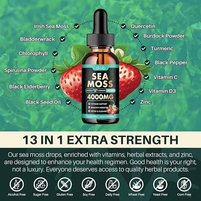 Irish Sea Moss Liquid Drops: Organic Sea Moss Supplement with Elderberry, Black Seed Oil, Turmeric, Quercetin - Detox Cleanse & Thyroid, Immune, Joint, Skin Support for Women & Men - Strawberry Flavor