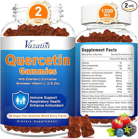 (2 Pack) Quercetin Gummies with Bromelain Elderberry Zinc & Vitamin C, Quercetin Supplement Gummies, Immune Support for Adults & Kids, Vegan Mixed Berry Flavor 120 Cts