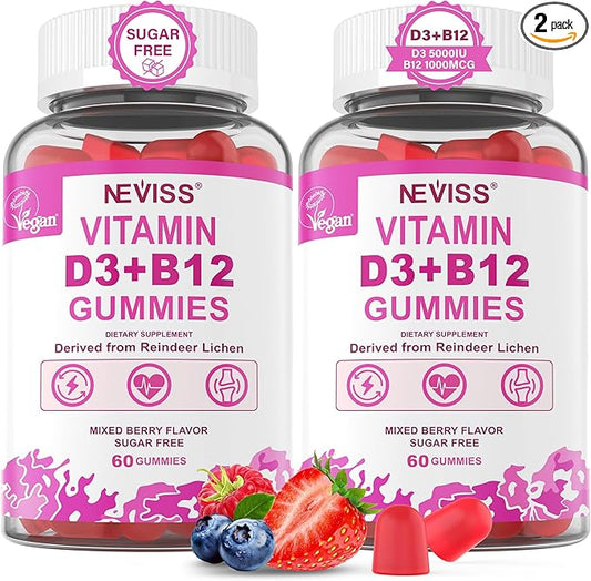 2Pack Vegan Vitamin D3 + Vitamin B12 Gummies, High Potency Vitamin D3 5000IU & 1000 mcg Methylated B12, Vitamin D3 and B12 for Adults, Support Bone Health, Immune & Energy Supplement, 120 Count