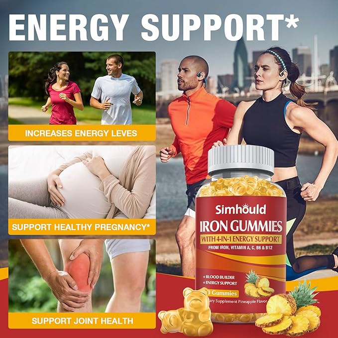 1 Pack Vegan 80MG Iron Supplement Gummies for Women & Men - Vitamin A, C, B for Adults & Kids - Blood & Builder & Energy Support for Iron Deficiency, Anemia - 60 Counts Pineapple Flavor Gummies