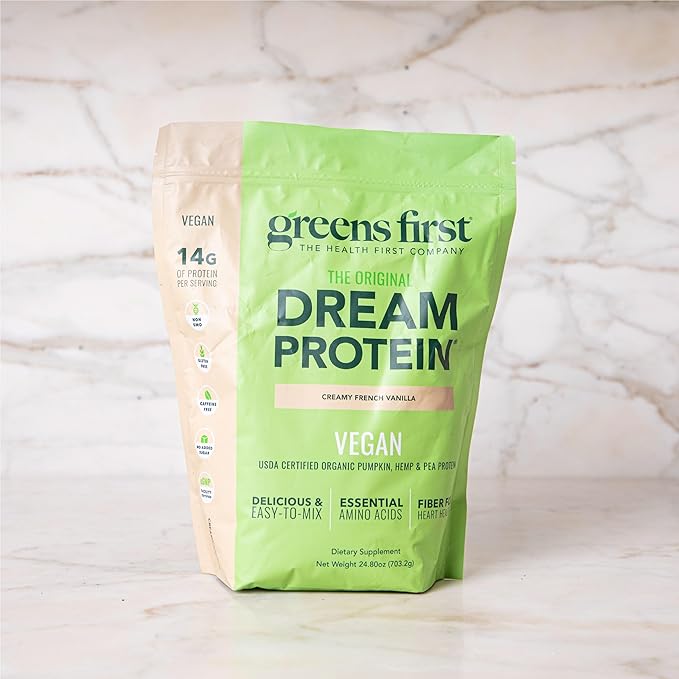 Greens First Dream Protein Plant-Based Vegan Powder - USDA Organic Pumpkin, Hemp & Pea Protein - Gluten-Free, Non-GMO, No Added Sugar (Creamy French Vanilla, 24.8 oz)