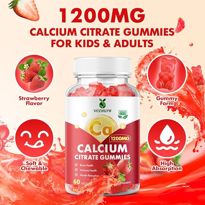 Calcium Citrate Gummies 1200mg, Chewable Calcium Supplements for Women & Men, Sugar Free Calcium Gummies for Bone, Muscle & Immune Support, Strawberry Flavor 60 Count