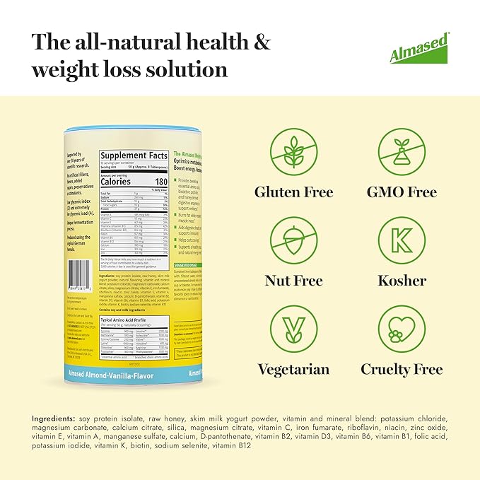 Almased Vanilla Meal Replacement Shake - Low-Glycemic High Plant Base Protein Powder- Nutritional Weight Health Support Supplement - Vanilla Flavor - 17.6 oz (1.1 Pound (4 Pack))