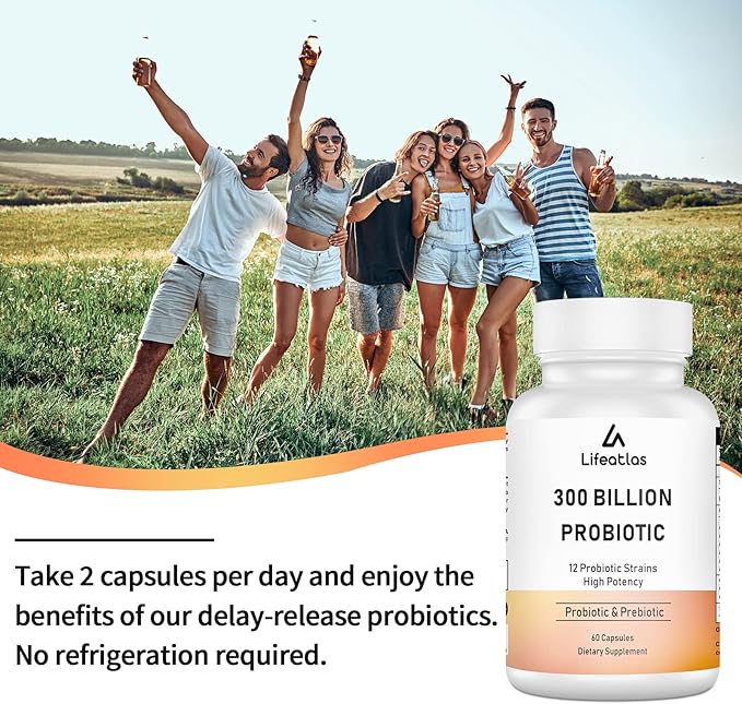 300 Billion CFU Probiotics - Probiotics for Women and Men, 12 Probiotic Strains Plus Prebiotic, for Immune & Digestive, Gut Health, Gas Bloating, Shelf Stable - 60 Caps