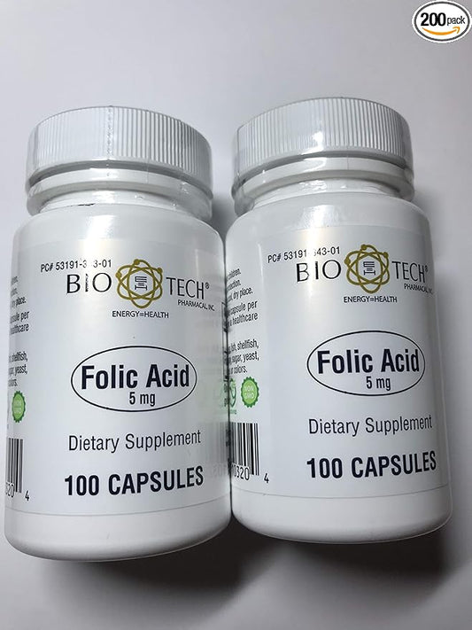 Folic Acid 5mg - BioTech Pharmacal - 100 Capsules - Pack of 2