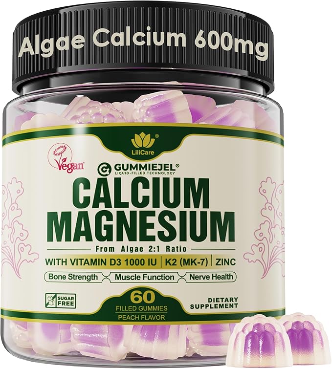 Plant Based Calcium Supplements for Women & Men - Certified Vegan - Calcium 600 mg with Vitamin D3 K2, Magnesium, Zinc for Bone Strength, Sustainably Sourced Algae Calcium Gummies, Sugar Free - 60 Cts